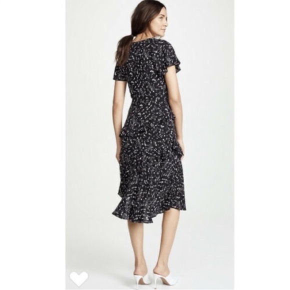 JOIE Orita Caviar Black Ruffled Floral Midi Dress Tiered Surplice V-Neck Size 6 - Picture 13 of 16